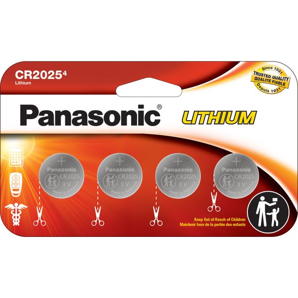 Panasonic CR2025 3.0 Volt Long Lasting Lithium Coin Cell Batteries in Child Resistant, Standards Based Packaging, 4 Pack