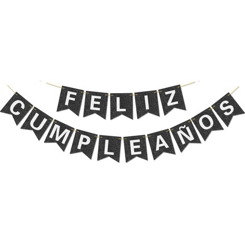 Pre-Strung Happy Birthday Banner - NO DIY - with Shiny Letters Glitter FELIZ CUMPLEAÑOS DECORATIONS Banner for Black Birthday Party Decorations and Supplies