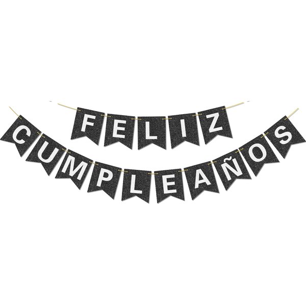 Pre-Strung Happy Birthday Banner - NO DIY - with Shiny Letters Glitter FELIZ CUMPLEAÑOS DECORATIONS Banner for Black Birthday Party Decorations and Supplies