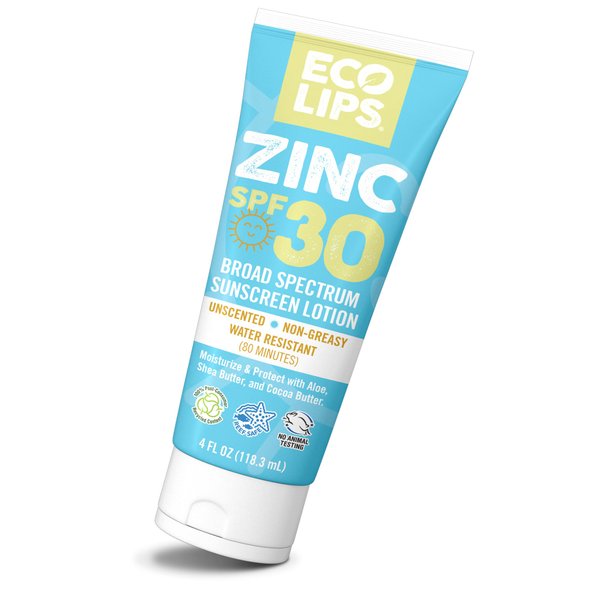 Eco Lips SPF 30 Broad Spectrum Zinc Mineral Sunscreen Lotion, 4 oz - Reef Safe, Water Resistant, Natural, Made in USA with Organic Aloe, Shea and Cocoa Butter