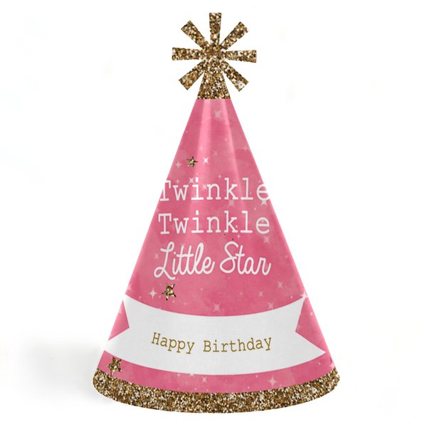 Pink Twinkle Twinkle Little Star - Cone Happy Birthday Party Hats for Kids and Adults - Set of 8 (Standard Size)