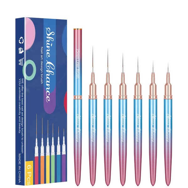 Shince Chance Nail Art Liner Brushes Set, 6Pcs Nail Art Design Brush Pen for Gel Polish Fine Drawing, Small Details Stripping Painting Nail Painting Pens, Acrylic Nail Art Design Tools, Blue