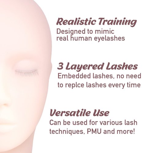 Amber Lash Mannequin Head With Embedded Layered eyelashes, For Lash Extension and Permanent Makeup Practice, With Reusable Multi-Layered Lashes