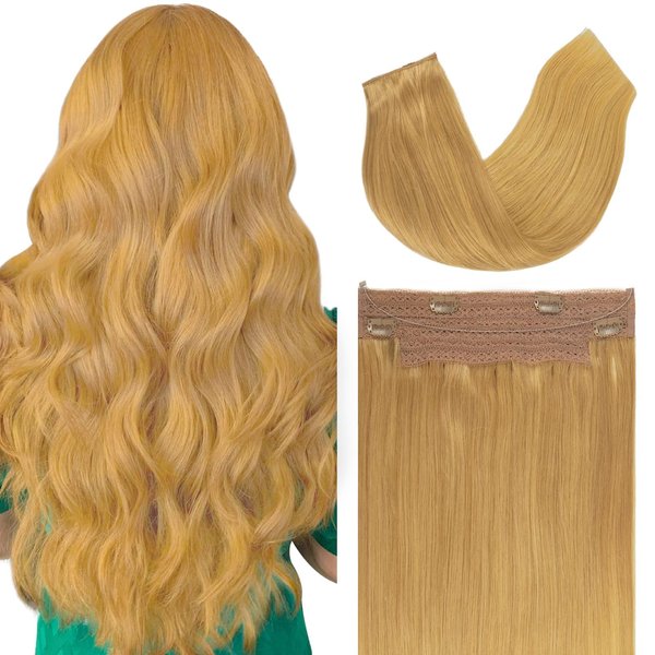 Anrosa Wire Hair Extensions Heat Resistant Strawberry Blonde 14 Inch 75g Human Hair Extensions with Fish Line Invisible Transparent Balayage Straight Real Human Hair Extensions Adjustable Clips