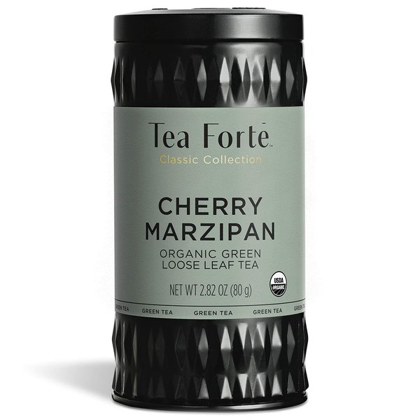 Tea Forte Organic Green Tea, Makes 35-50 Cups, 2.82 Ounce Loose Leaf Tea Canister, Cherry Marzipan