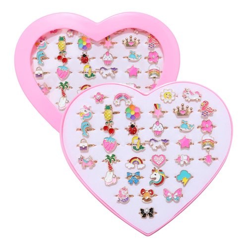 PASEMM 36pcs Little Girl Jewel Rings, Adjustable Unicorn Rings Toys, No Duplication Kids Play Rings in Box,Dress Up Rings for 4-12 Year Old Girls, Birthday Christmas Valentine's Day Holiday Gifts