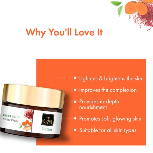 Good Vibes Ubtan Night Cream | with Saffron Turmeric & Vitamin B3 | Hydrating Overnight Restorative Moisturizer for Radiant Skin | No Parabens or Sulfates 1.76 Oz/50ml