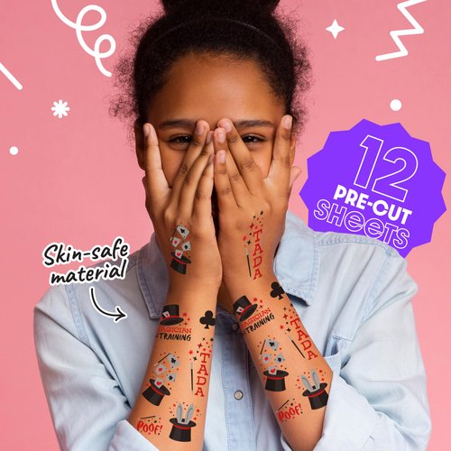 Big Dot of Happiness Ta-Da, Magic Show Temporary Tattoos for Kids, Magician Birthday Party Favors, Magical Decorations, Magic Show Accessories, Red Party Supplies, 12 Sheets