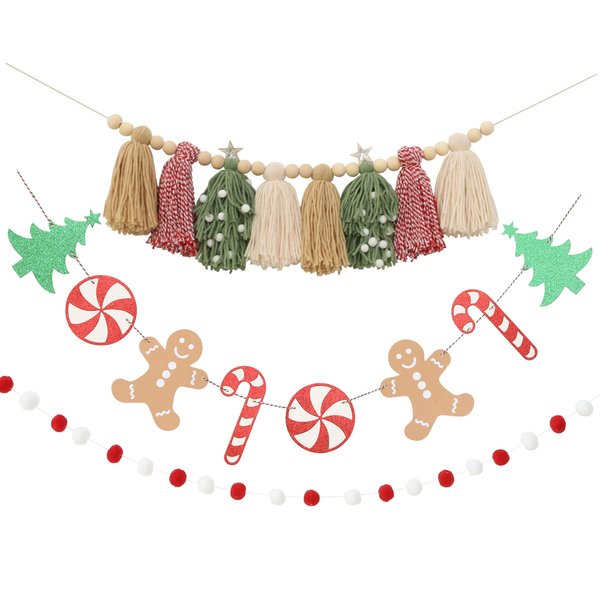 Christmas Tassel Garland Banner With Pom Pom Garlands Christmas Candy Tree Cane Banner for Wall Hanging Christmas Party Decor