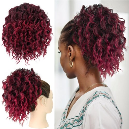 UAmy hair Messy Bun Hair Piece Elastic Drawstring 8inch Burgundy Hair Loose Curls Bun Hair Extensions Synthetic Short Curly Yaki Hair Drawstring Ponytail for Women Daily Party Use(1BTBUG)