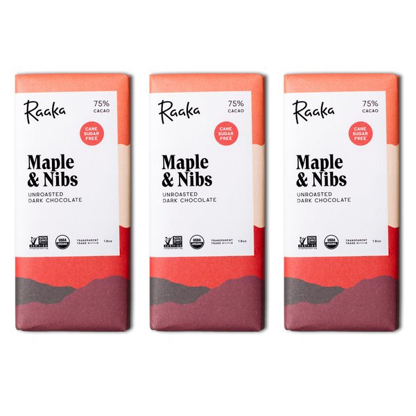 Raaka Chocolate Maple & Nibs, 75% Cacao Dark Chocolate | Gourmet Dark Chocolate Gift | Organic, Paleo, Vegan, Fair Trade, Soy Free, Non GMO, Gluten Free, Kosher | 1.8oz Bars, 3-Pack