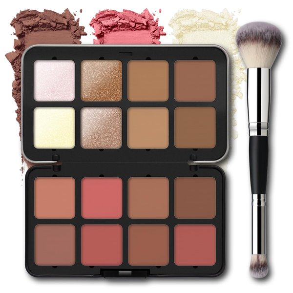 NewBang 16 Colors Blush Highlighter Contour Palette with Brush Matte Mineral Powder Blush for Cheek Bronzer Shimmer Illuminator All in One Professional Multi-functional Face Contouring Makeup Set
