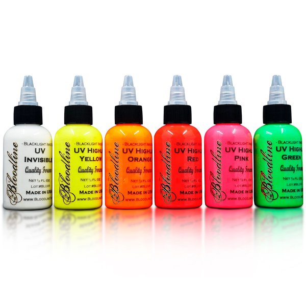 Bloodline Tattoo Inks Highlight Series, 6x1/2 oz (15 ml) UV Ink - Deep, Vivid Colors, Fast Recovery, Blending, Made in USA