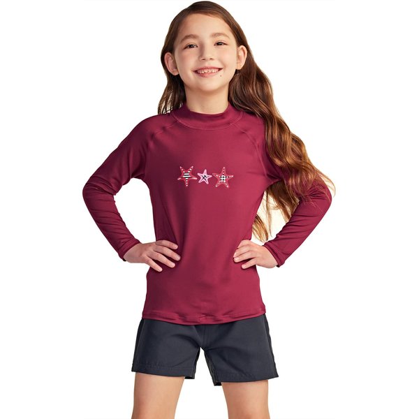 TSLA Girls Long Sleeve Rash Guard Shirt, UV/SPF Water Beach Surf Swim Top, UPF 50+ Sunscreen Swimwear Shirts, Stars Dark Cherry, 14
