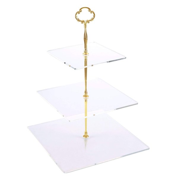 Jusalpha 3 Tier Acrylic Square Cupcake Stand, Dessert Display Tower (Gold Version 2, 1) 3SG-V2