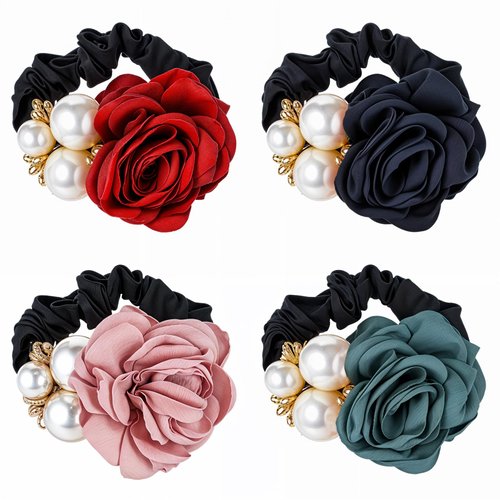 4PCS Korean Fashion Pearl Hair Accessories for Women Girls Christmas, Pearl Hair Scrunchies Ropes Crystal Elastic Hair Ties with Rhinestone and Rose Flower, Sparkly Ponytail Holder Handmade