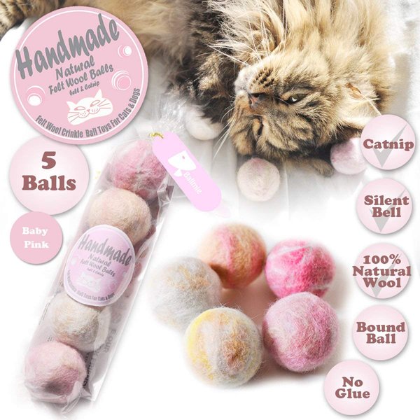 BALLMIE Felt Wool Cat Toys Ball with Catnip and Bell, Natural Handmade (Baby Pink (5 Units))
