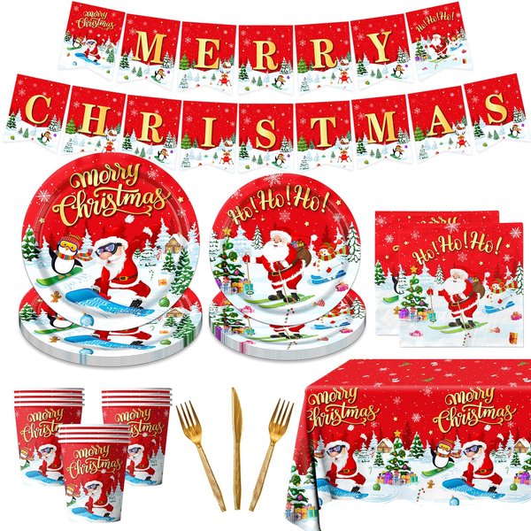Christmas Party Supplies,142pcs Christmas Dinnerware Include Santa Paper Plates and Napkins Cups Tablecloth Disposable Snowman Christmas Party Tableware for Winter Holiday Christmas Party Decor