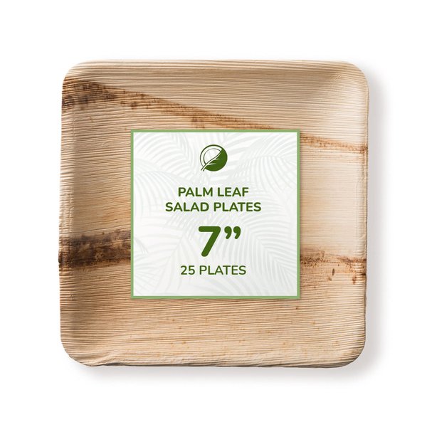 Palm Leaf Plates - Environmentally Disposable Tableware | 25 Pieces | Ø 7 Inches Square | Bamboo Style | Biodegradable & Compostable