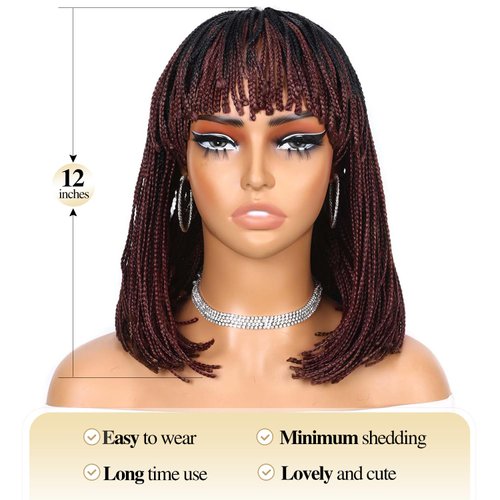 Lady Hanne Braided Bob Wigs for Black Women Short Box Braid Wig with Bangs Afro Braid Synthetic Ombre Red Black African American Women Wig