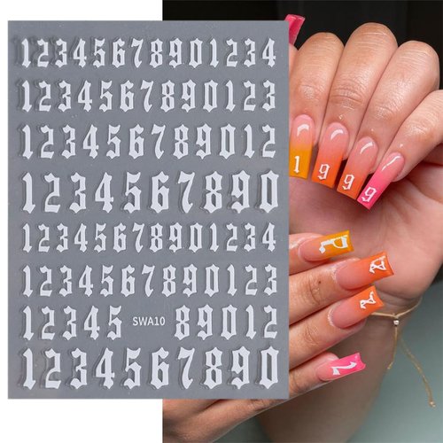 8 Sheets Old English Letter & Numbers Nail Stickers 3D Self-Adhesive Personalized Letter Nail Decals Black White Gold Silver Alphabet Nail Art Stickers Retro Numbers Nail Designs Supplies for Women