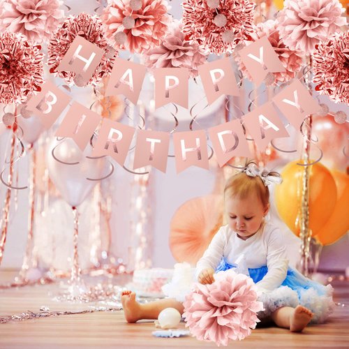 GuoZhiXin Rose Gold Birthday Party Decorations Set - Rose Gold Glittery Happy Birthday banner, Foil Swirls,Tissue Paper Pom Poms, Circle Dots Garland for Birthday Party Decorations,Girls Birthday