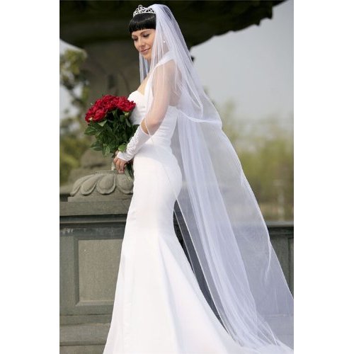 Bridal Wedding Veil White 1 Tier Long Cathedral Length With Rhinestone Edge