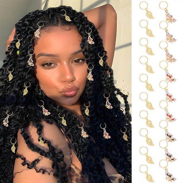 Formery Colorful Butterfly Braid Accessories Gold Leaves Loc Jewelry Hair Dreadlock Rhinestone African Hair Clips for Black Women and Girls (19PCS)