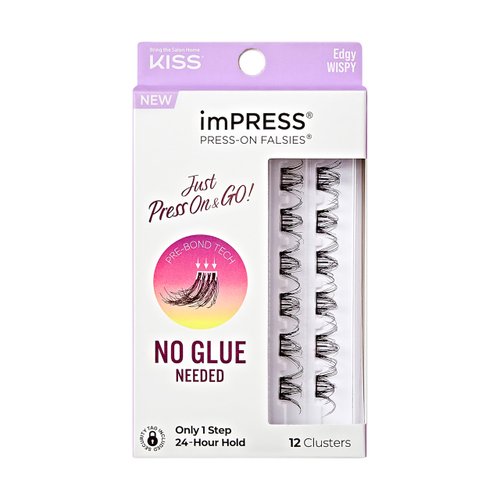 KISS imPRESS False Eyelashes, Lash Clusters, Falsies, Edgy Wispy', 14mm-16mm, Includes 12 pieces of pre-bonded lashes, Contact Lens Friendly, Easy to Apply, Reusable Strip Lashes