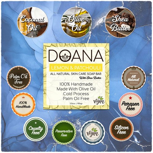 Lemon & Patchouli Soap Bar - Now With SHEA BUTTER - Vegan, Olive Oil, Coconut Oil, Lemon Seed Oil, Palm Oil Free, Antiseptic, Anti Acne, Treat Minor infections (LemonSeed)