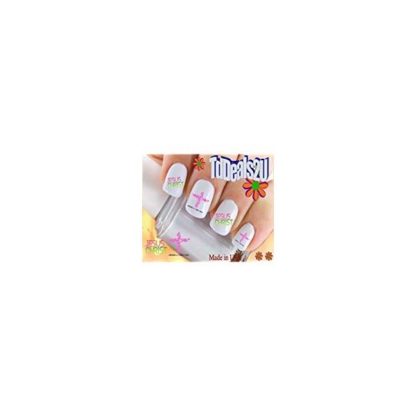 General Nail Decals - Jesus Christ Pink Cross WaterSlide Nail Art Decals - Salon Quality - DIY Nail Manicure