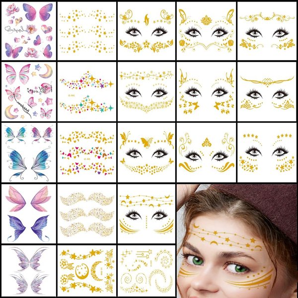 21 Sheets Glitter Tattoo Kit for Women Glitter Freckles Face Tattoo and Butterflies Tattoos Gold Face Temporary Tattoo Stickers for Women Girls Costume Parties Festival Accessories