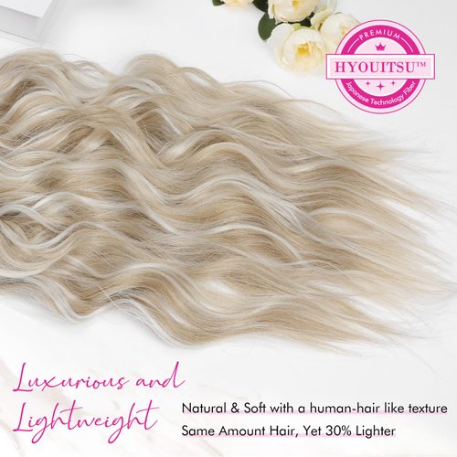REECHO Clip in Hair Extensions, 4PCS Blonde Hair Extensions 24" Thick Long Beach Waves hair extensions HE003 Invisible Lace Weft Natural Soft Hairpieces for Women – Ash Blonde with Highlights