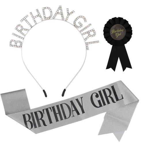 Birthday Sash for Women Silver Birthday Tiara and Crown for Women Girls Headband Birthday Button Black Pins Birthday Girl Princess Decoration Supplies Favor Gift Set