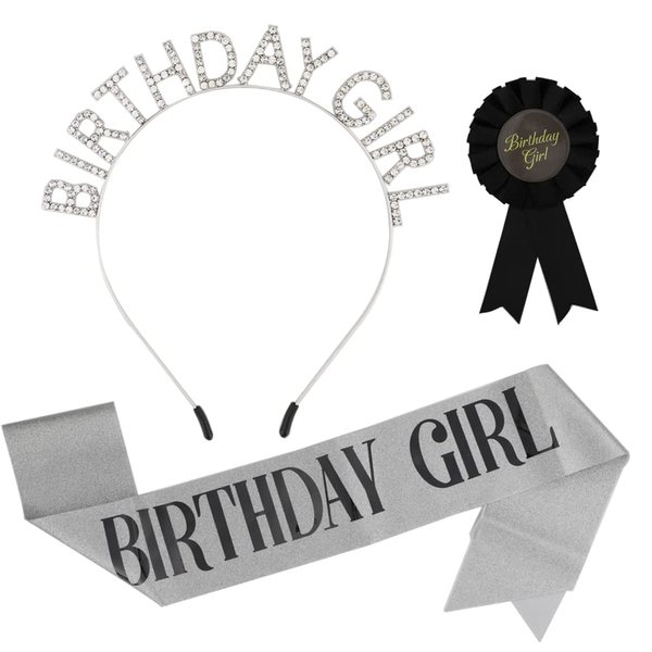 Birthday Sash for Women Silver Birthday Tiara and Crown for Women Girls Headband Birthday Button Black Pins Birthday Girl Princess Decoration Supplies Favor Gift Set
