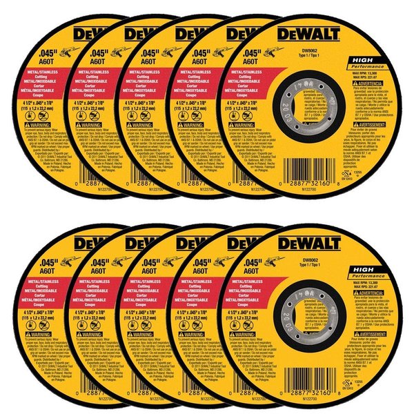 DEWALT - DW8062 - 10,PK DW8062 4-1/2"x.045"x7/8" Metal Angle Grinder Thin Cutoff Wheel, 10 Pack, (Model: DW8062-10,PK)