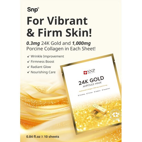 SNP 24K Gold Ampoule Sheet Mask | Aging Prevention Face Mask | For Tightening, Hydrating, and Brightening | Korean Skin Care | Overnight Face Masks | Moisturizing Sheet Mask | 10 Sheets