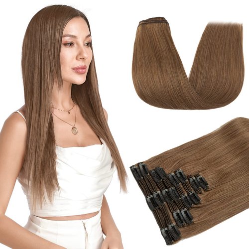 S-noilite Clip in Hair Extensions Real Human Hair Light Brown Human Hair Extensions Clip Ins 18 Inch 8pcs 140g Straight Real Hair Extensions Clip in Human Hair Double Weft #6