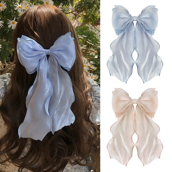 Boxkat 2 Pcs Big Silky Satin Bow Hair Clips Solid Color Bowknot Hairpins with Long Tail Ribbon for Women Girls Thick Thin Hair French Sweet Styling Hair Accessories, light blue, champagne