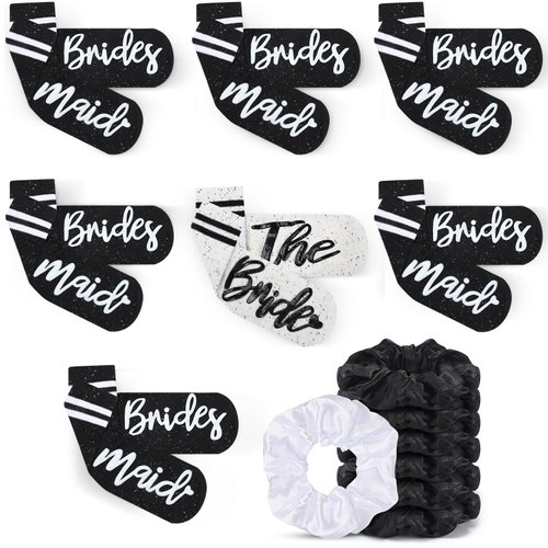 Toulite 7 Pairs Bride Bridesmaid Socks 7 Satin Bridesmaid Scrunchies Women Wedding Gifts Set Bachelorette Party Favors (Classic)