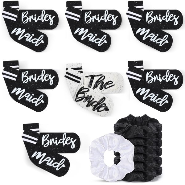 Toulite 7 Pairs Bride Bridesmaid Socks 7 Satin Bridesmaid Scrunchies Women Wedding Gifts Set Bachelorette Party Favors (Classic)