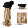 Qlenkay Beanie Hat with Long Wavy Curly Hair Extensions Knit Black Cap Attached 20inch Synthetic Wig Detachable Hairpiece Warm Pom for Women Winter Ginger Blonde Mix Bleach Blonde