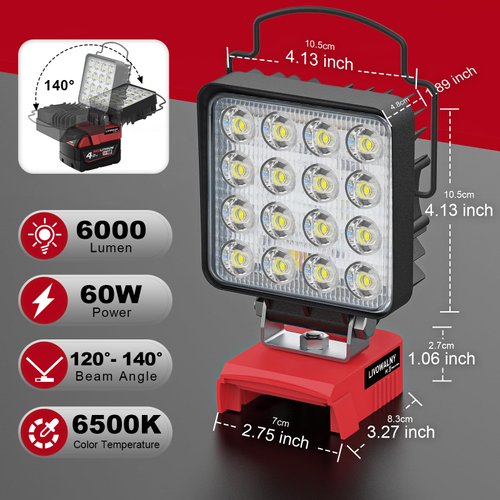LIVOWALNY Portable LED Work Light for Milwaukee m18 18v Battery, 60W 6000LM Cordless Flood Lights with Low Voltage Protection and USB & Type C Charger Port