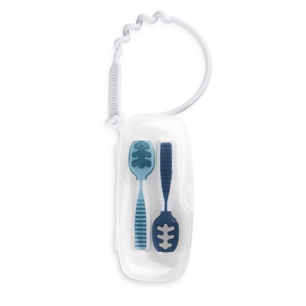 NumNum GOOtensil Pre-Spoons + Travel Case | Baby Spoon Set (Stage 1 + Stage 2) | BPA Free Silicone Self Feeding Toddler Utensils | For Kids Ages 6 Months+, 2 Spoons, Blue/Navy