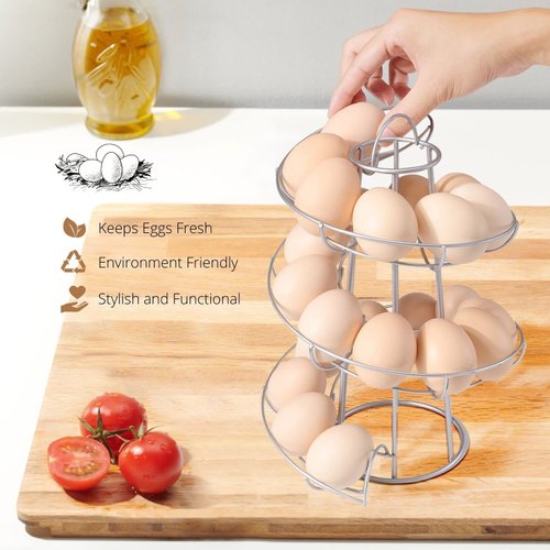 Flexzion Egg Skelter Modern Spiral Egg Holder Countertop (Medium Egg Display) - Freestanding Wired Countertop Egg Holder for Fresh Eggs, Dispenser Stand, Storage Rack for Kitchen, Silver