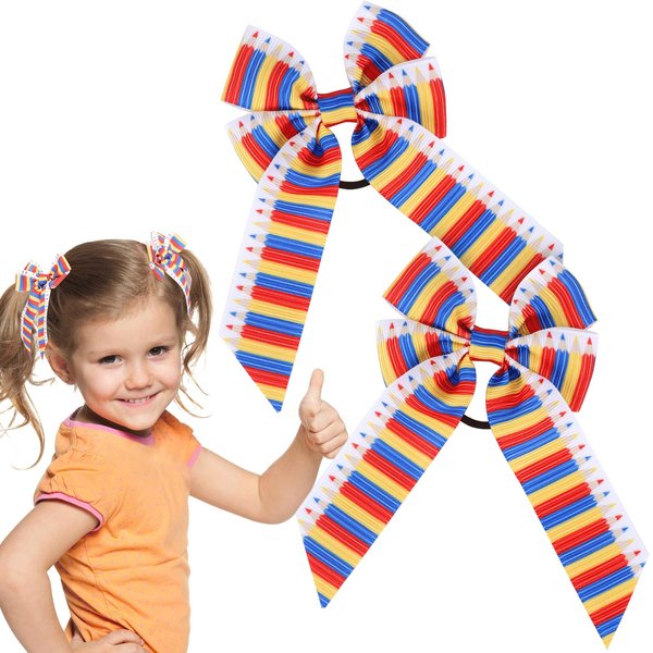 Pencil Hair Ties Back To School Bow Elastic Hair Bands Colorful Pencil Bowknot Rubber Bands for Girls Kids Toddler Ponytail Holders First Day of School Teacher Outfits Hair Accessories