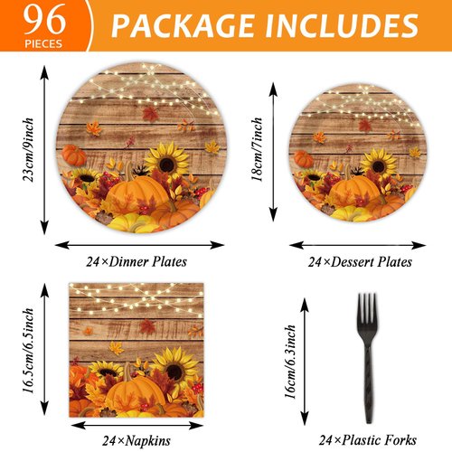 chiazllta 96 Pcs Fall Party Paper Plates and Napkins Thanksgiving Party Tableware Set Table Decorations for Fall Autumn Birthday Party Supplies 24 Guests