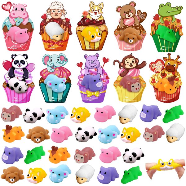 DIYDEC 30 Pack Valentines Mochi Squishies Toys with Valentines Cards for Kids Mini Animal Squishy Stress Relief Toys Valentines Day Toys for Valentines Party Favors School Classroom Exchange