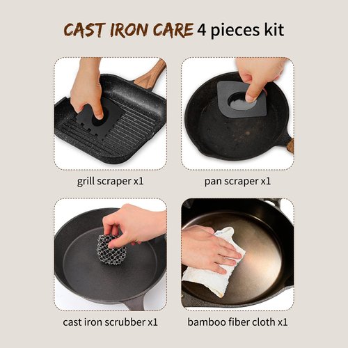 Herda Cast Iron Scrubber Scraper Tool Kit, 4Pieces Cast Iron Skillet Cleaner Cleaning Care Kit 316 Chain Mail Scrubber, Steel Skillet Brush Plastic Pan Scraper Set for Grill Griddle Pot Dish Food
