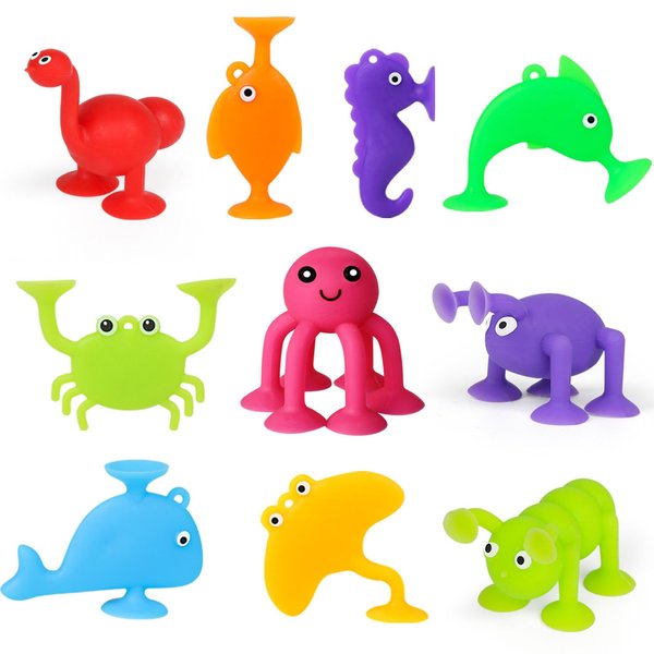 Suction Toy, Kids Bath Toy for Baby Aged 3 4 5 Years Old, 10PCS Silicone Animal Bath Sucker Toys for Toddler, Window Shower Toy with Mesh Bag Storage, Montessori Gift for Boys and Girls Age 6-8